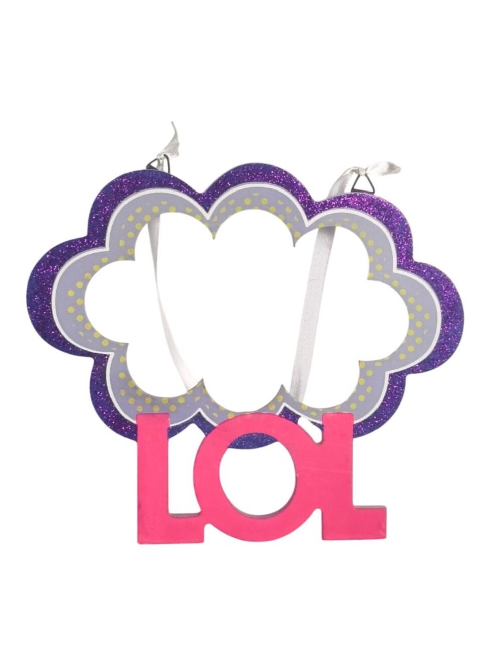 LOL Shaped Wooden Wall Hanging Frame Purple Glitter Cloud Pink Text Teen Decor